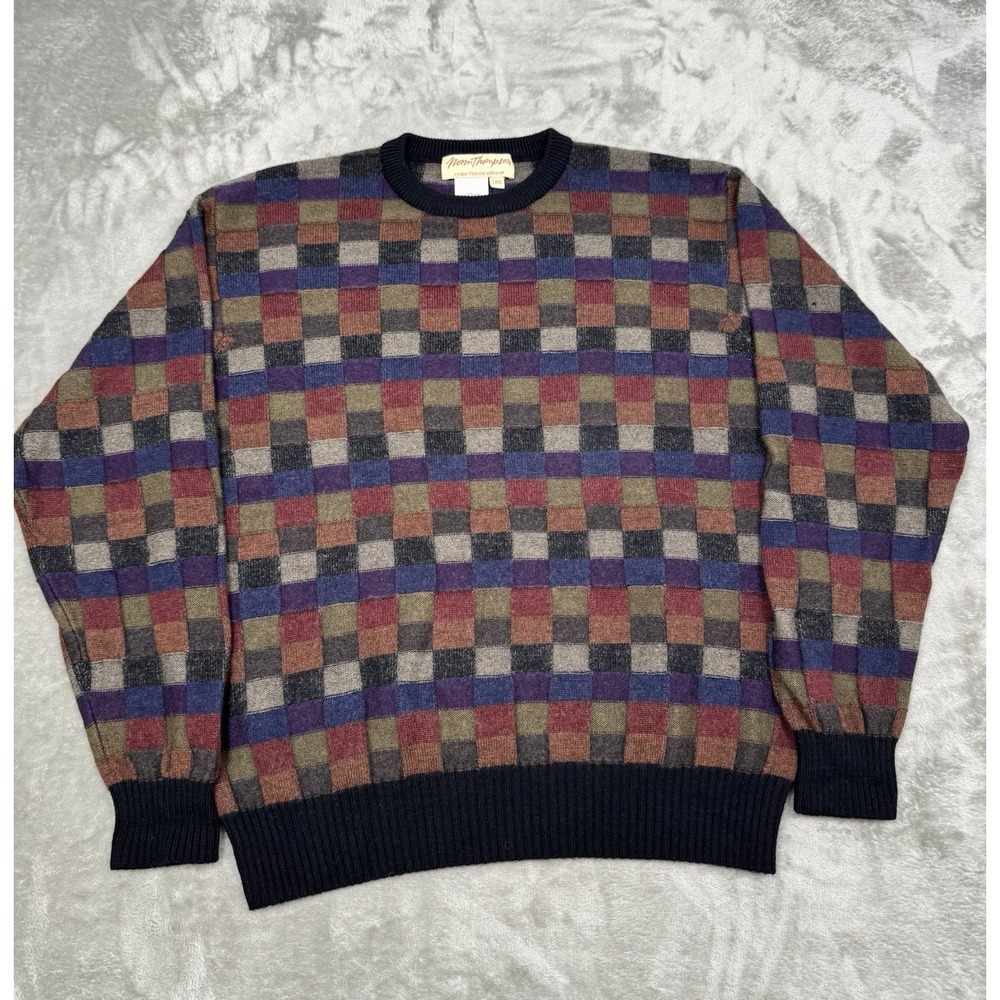 Vintage Norm Thompson Wool Sweater Mens Large 3D Block Patchwork Coogi Style Y2K